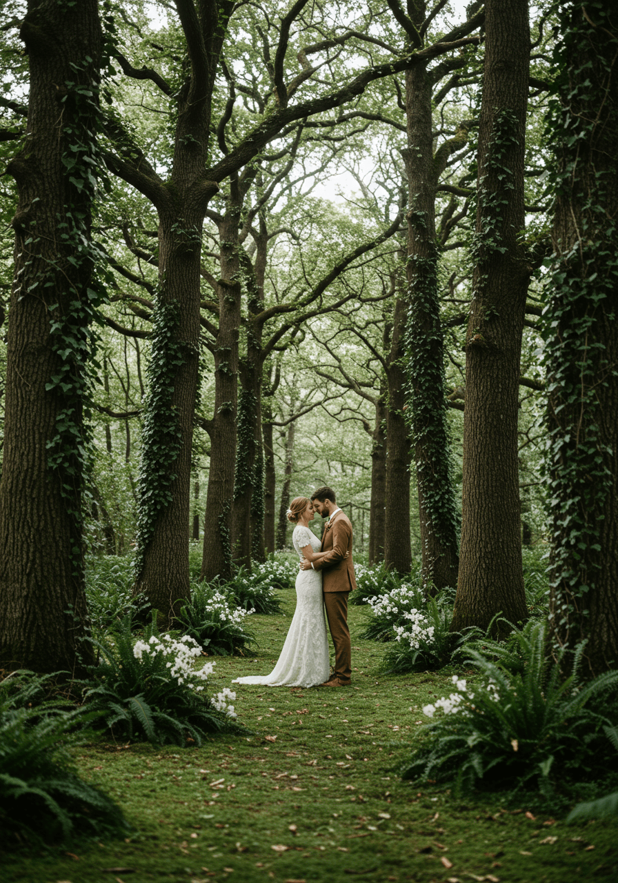 Romantic couple embracing in enchanted woodland setting with dappled sunlight filtering through trees