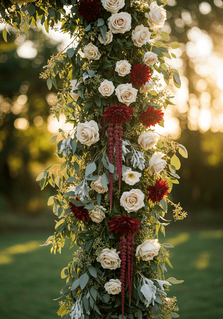 Bohemian bride in lace dress standing among moss-covered stone archways in overgrown garden