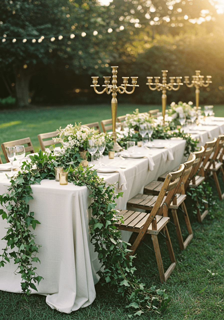 Long reception table with ivy garlands draping along edges and vintage brass candelabras