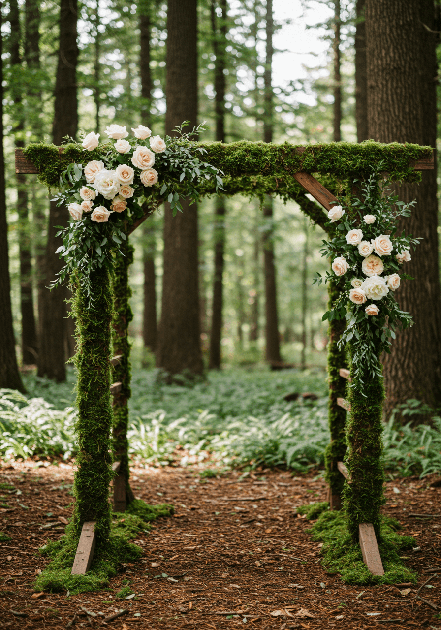 Moss-covered wooden arch with roses positioned on forest floor surrounded by towering trees