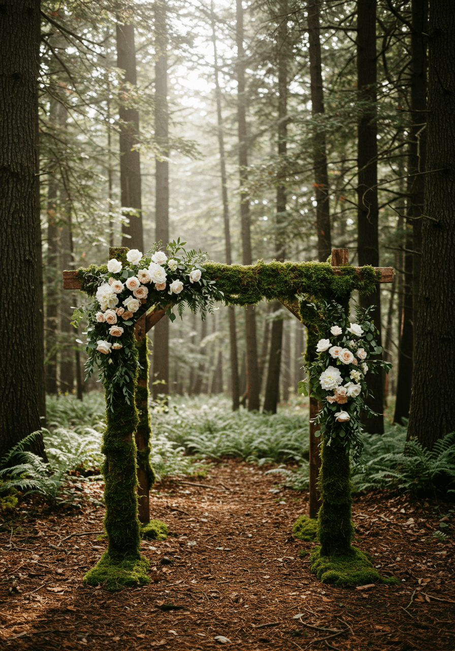Couple in wedding attire walking through ornate ivy-covered iron gate with stone pillars