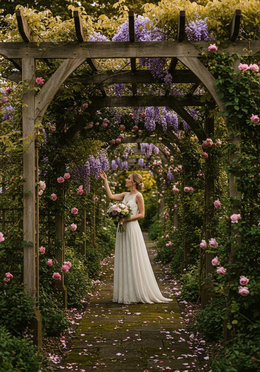 Bohemian bride beside iron pergola draped with roses and wisteria in English garden setting