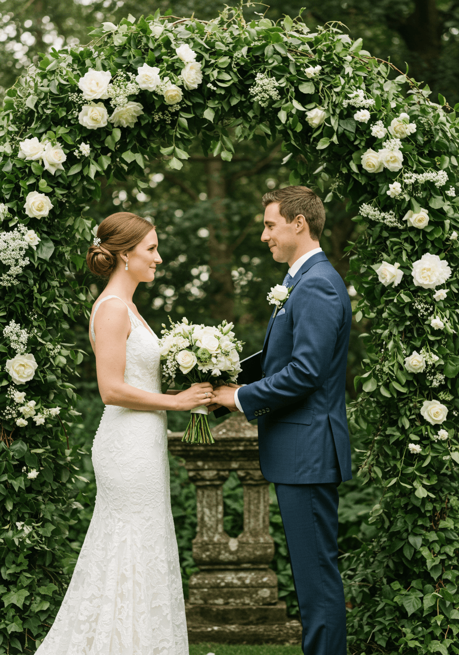 Intimate close-up of hands holding white rose bouquet with trailing ivy in garden ceremony