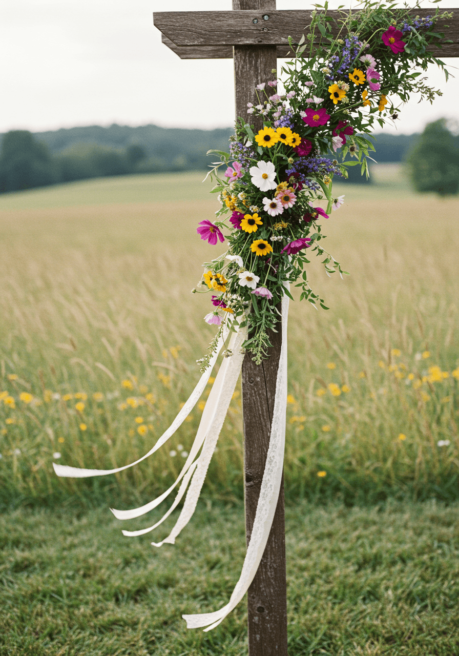 Bride in ivory gown beneath wooden pergola draped with climbing roses and wisteria in secret garden