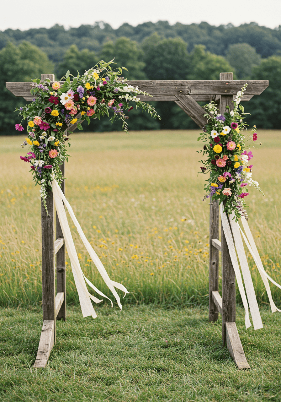 Rustic wooden arch adorned with wildflowers standing in meadow with prairie grasses