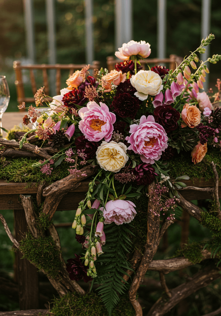 Dramatic peony and wildflower centerpiece in abandoned greenhouse setting with golden hour lighting