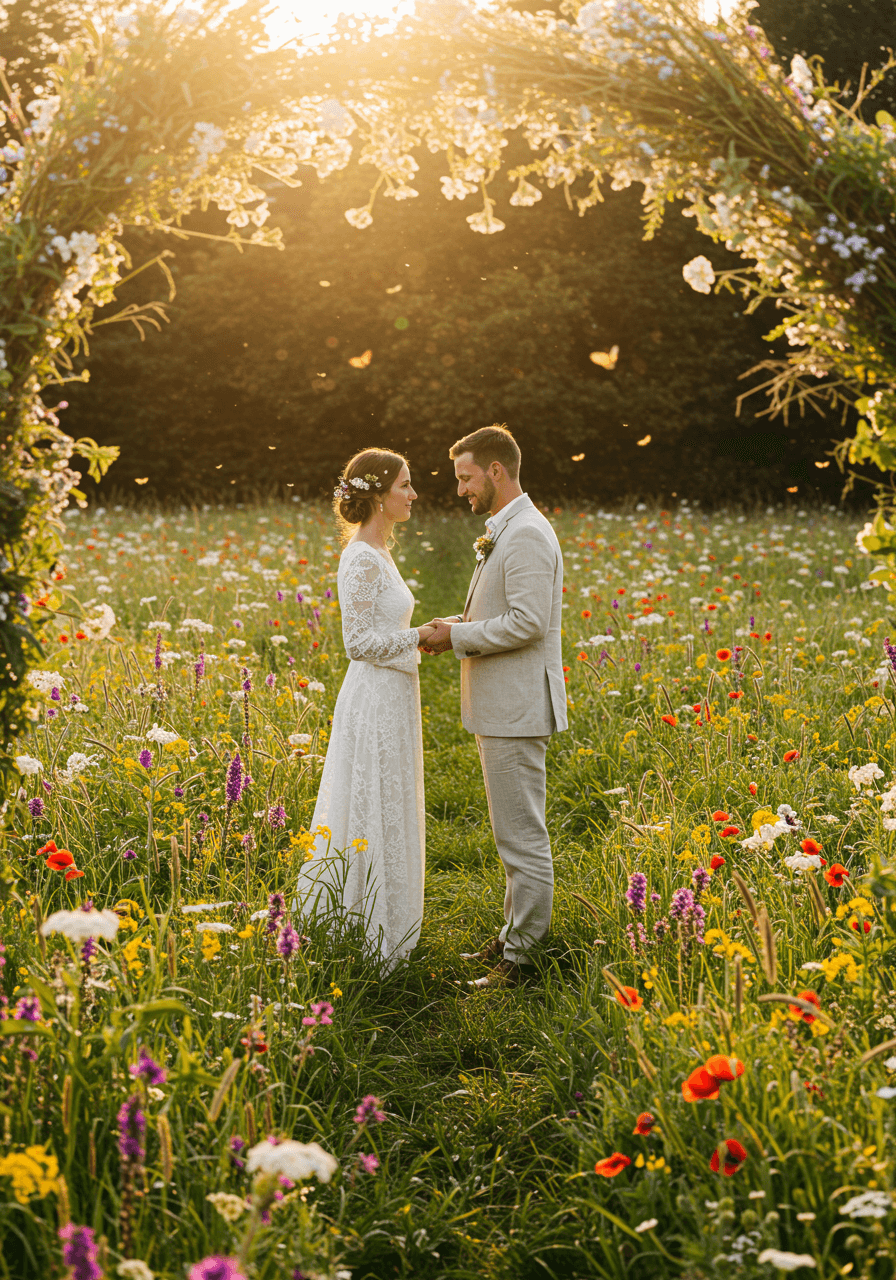 Bride and groom exchanging vows in wildflower meadow with Queen Anne's lace and poppies