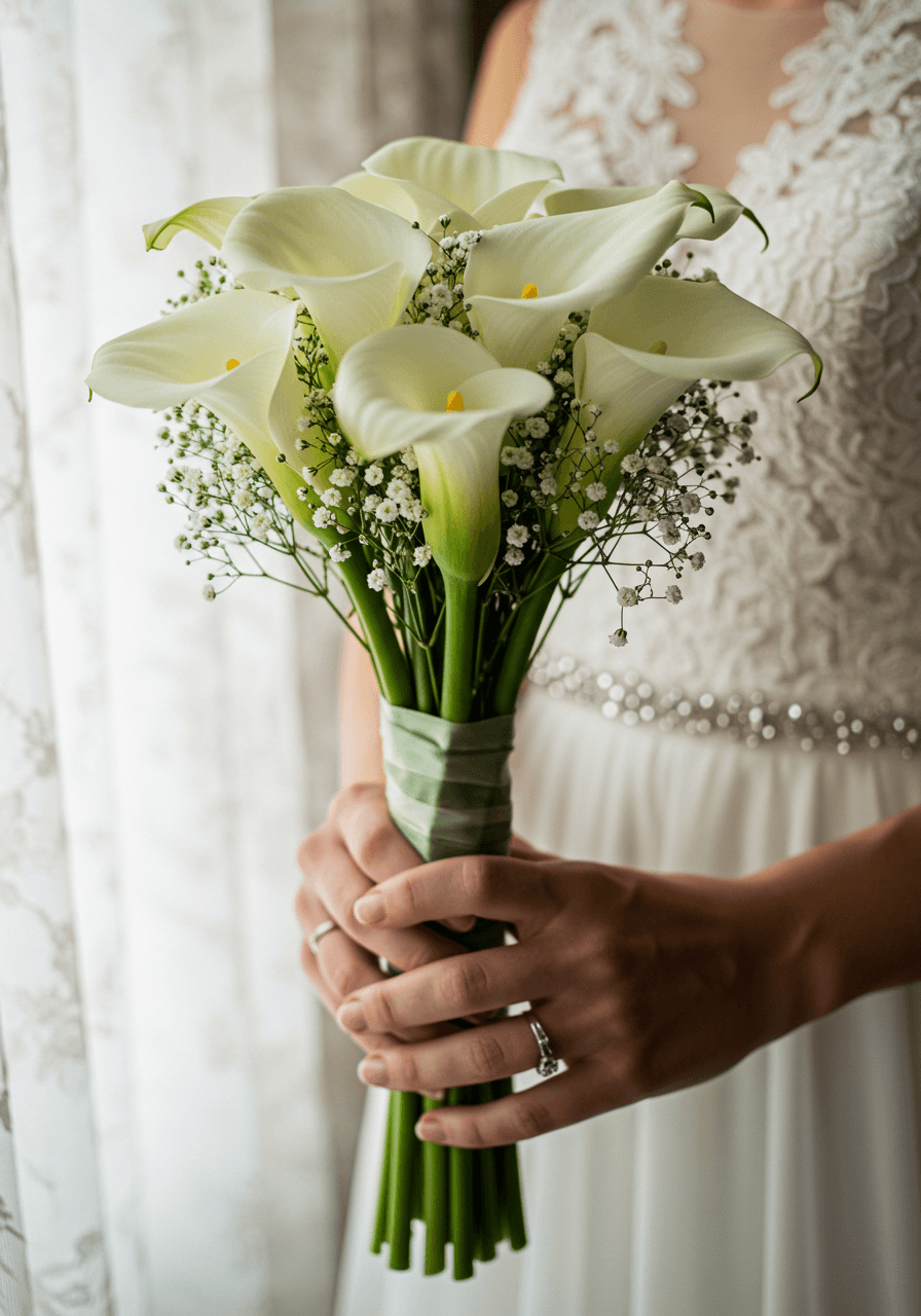 Hand-tied calla lily bouquet with delicate baby's breath accents in sunlit bridal suite