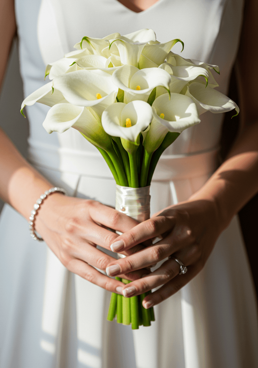 Bride's hands holding compact posy bouquet of white mini calla lilies with ivory silk ribbon