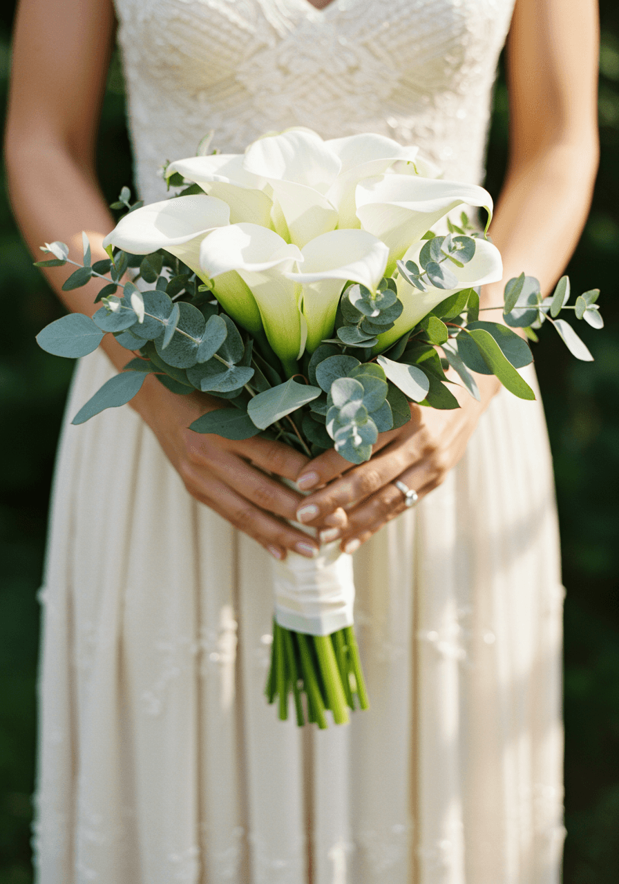 Bridal bouquet of white calla lilies with silvery eucalyptus in sun-dappled garden pavilion