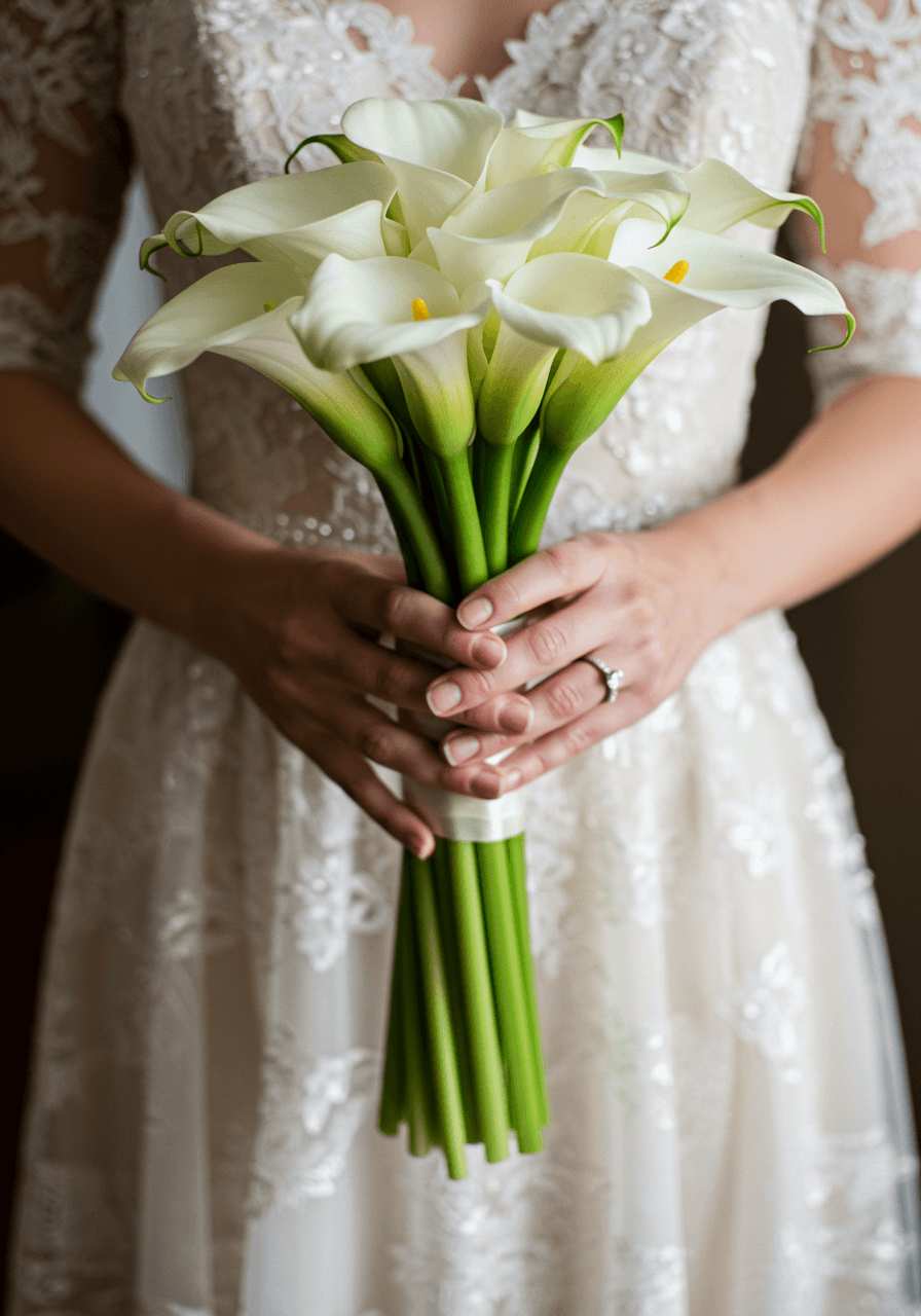 Elegant teardrop-shaped calla lily bouquet emphasizing natural curved form in bridal suite