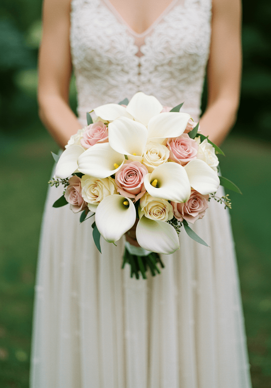 Bridal bouquet featuring white calla lilies with soft blush pink roses in romantic garden
