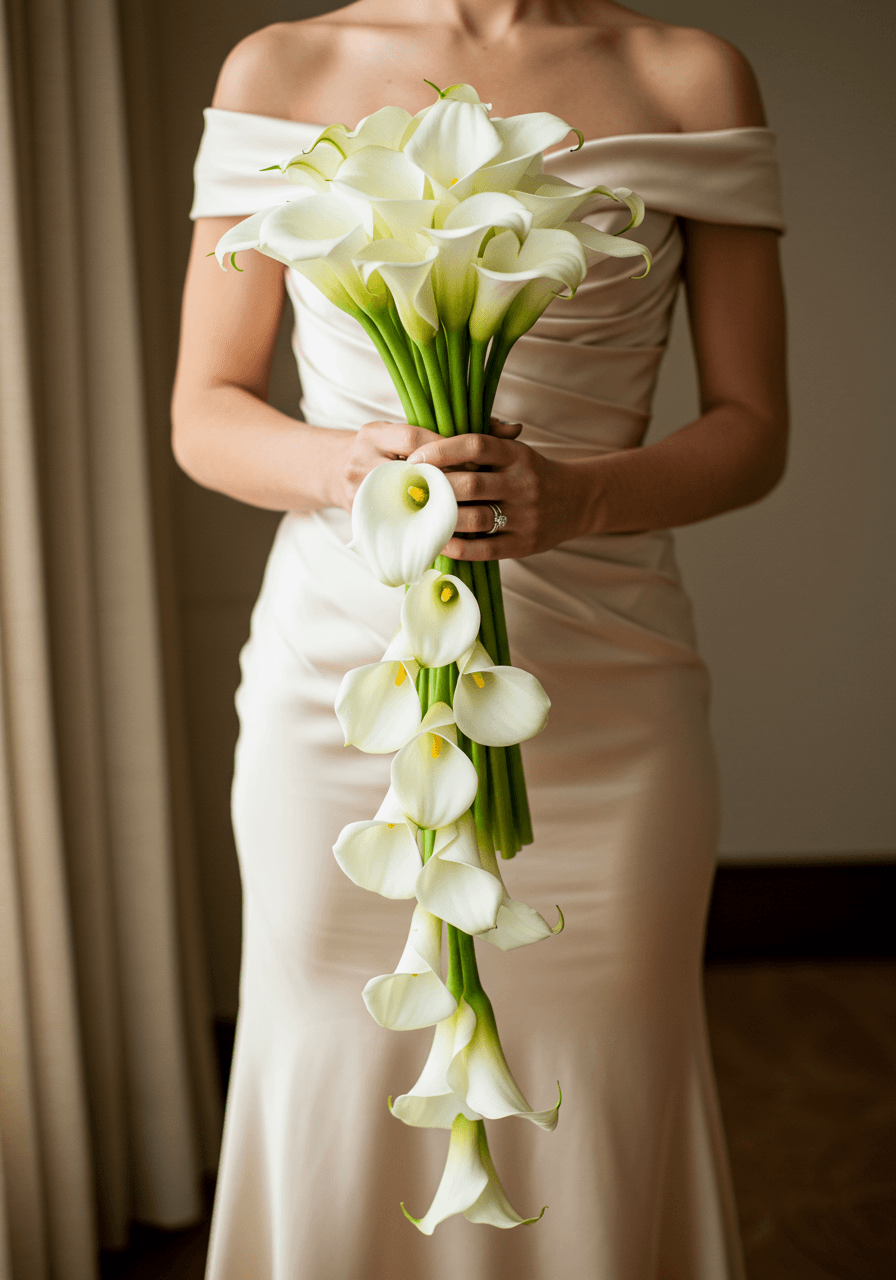 Bride holding cascading arm sheaf bouquet of white calla lilies in luxurious bridal suite