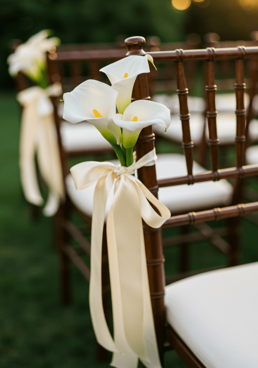 Wedding ceremony chair decorated with small white calla lily posy and flowing ivory ribbon