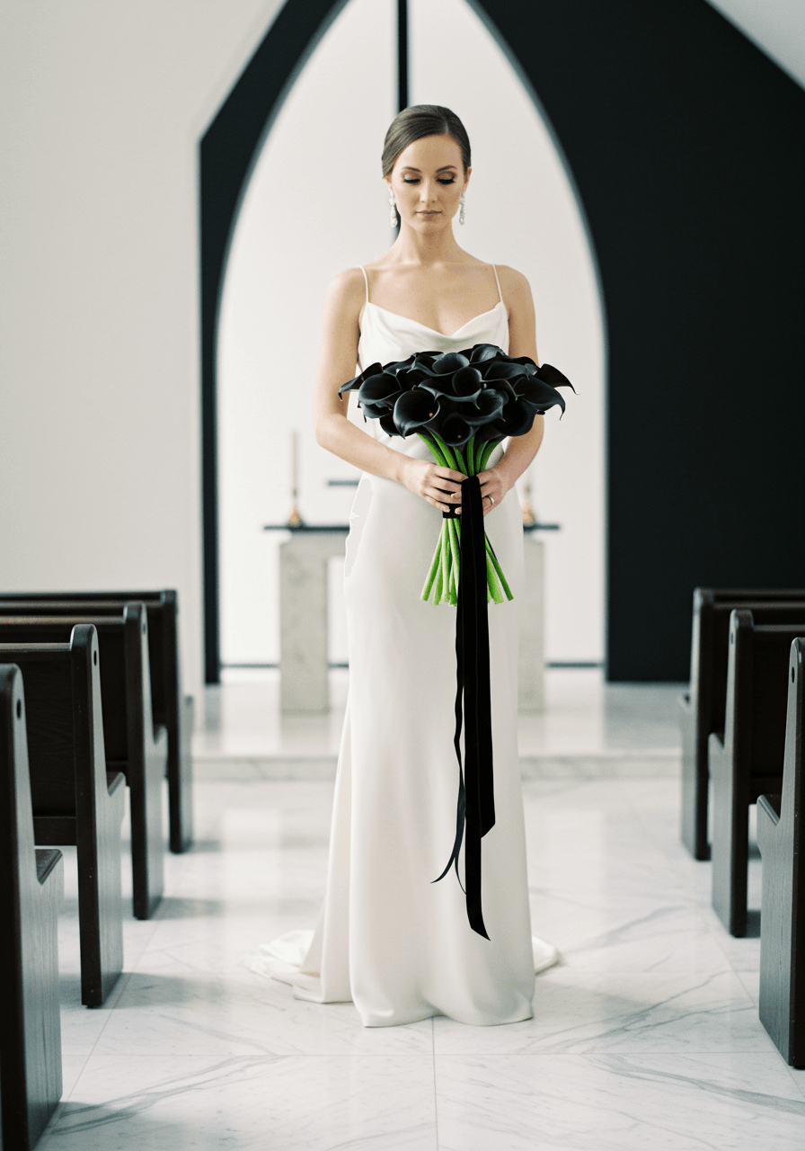 Dramatic black and white calla lily bouquet in modern minimalist chapel setting