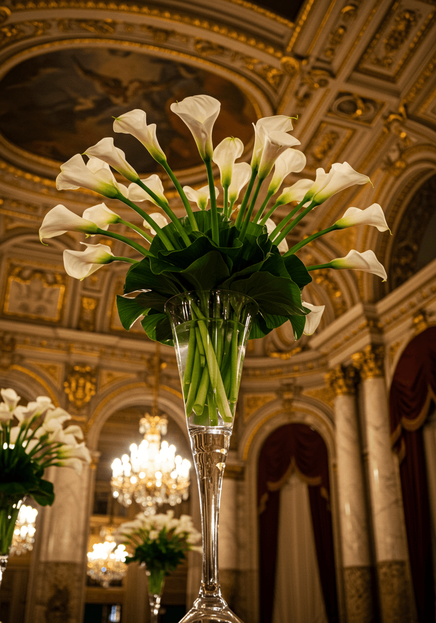 Dramatic vertical arrangement of ivory calla lilies in tall glass cylinder in luxurious ballroom