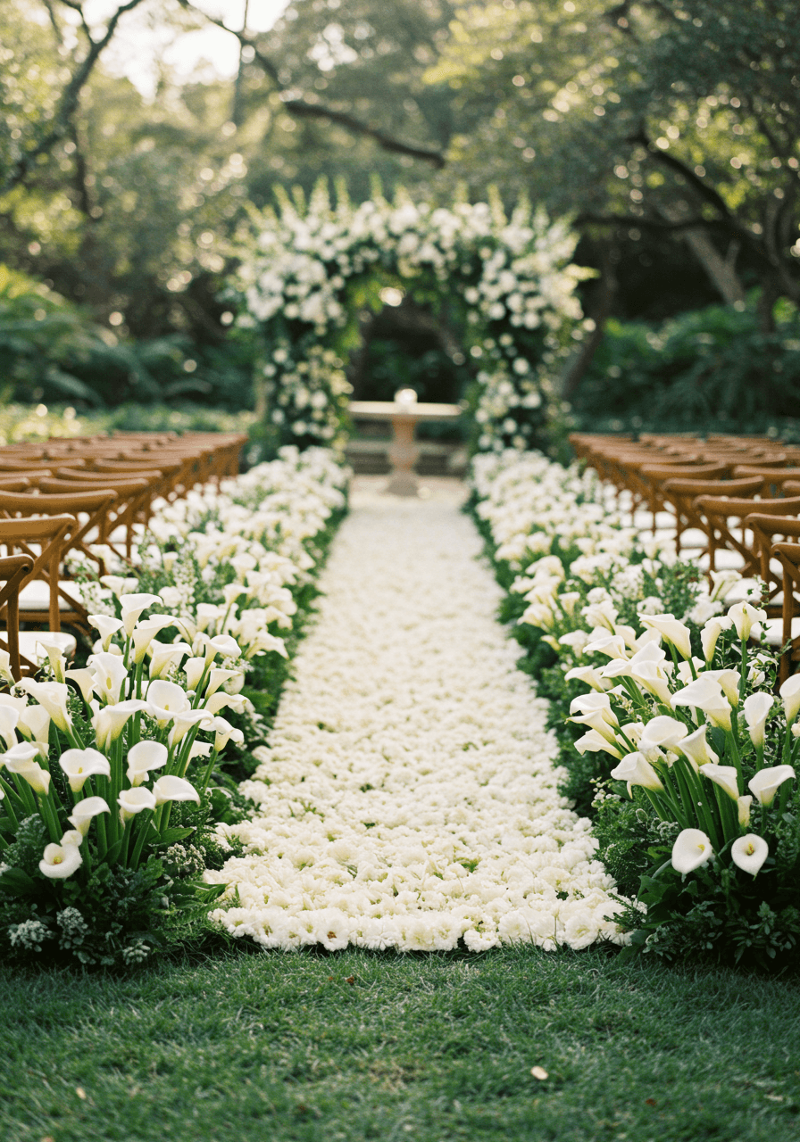 Lush aisle runner made of densely packed white calla lilies in elegant outdoor garden ceremony