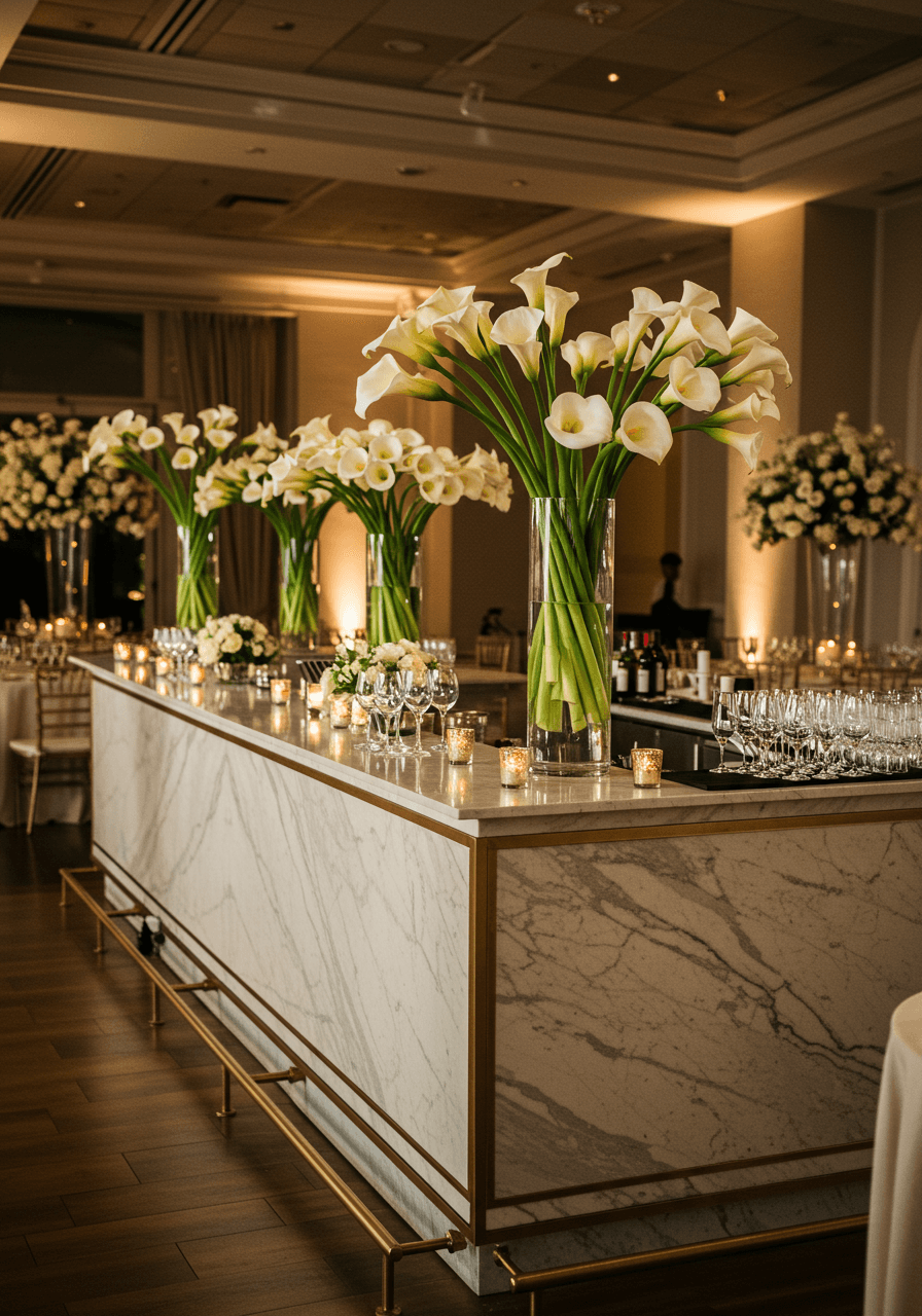 Modern bar front decorated with elegant white calla lily arrangements in tall glass vases