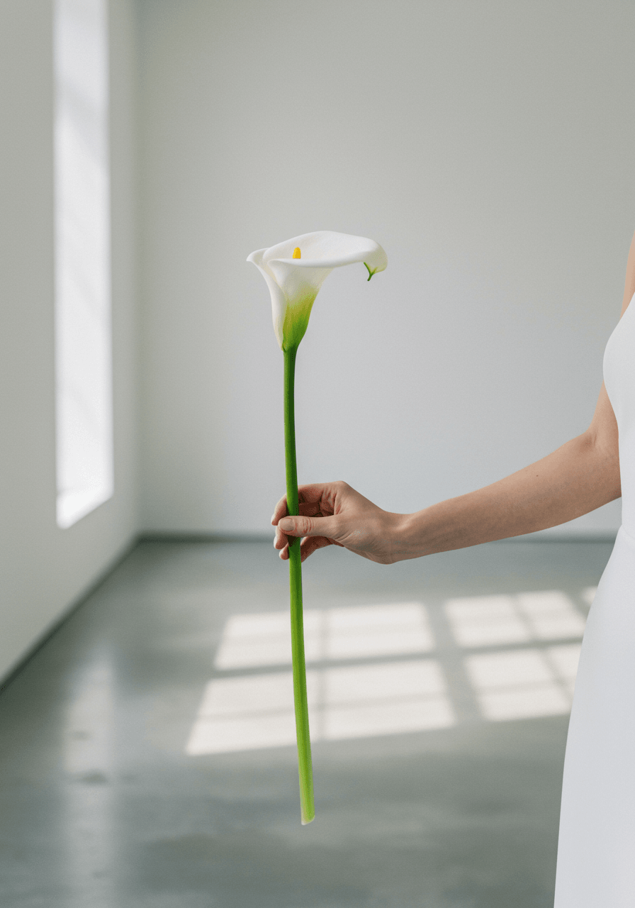 Elegant single white calla lily in bride's hand in modern art gallery setting