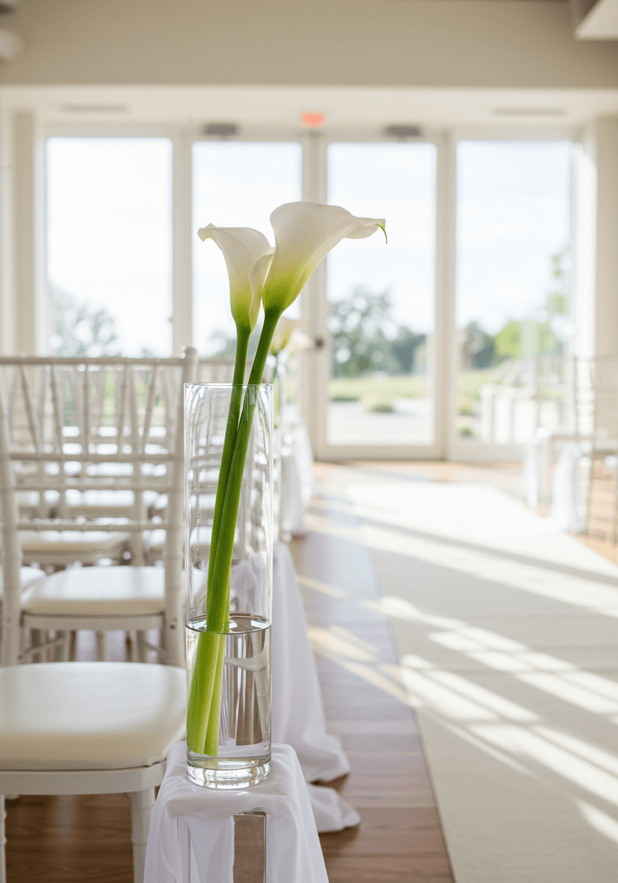 Single white calla lily in tall clear glass cylinder vase beside white fabric aisle runner