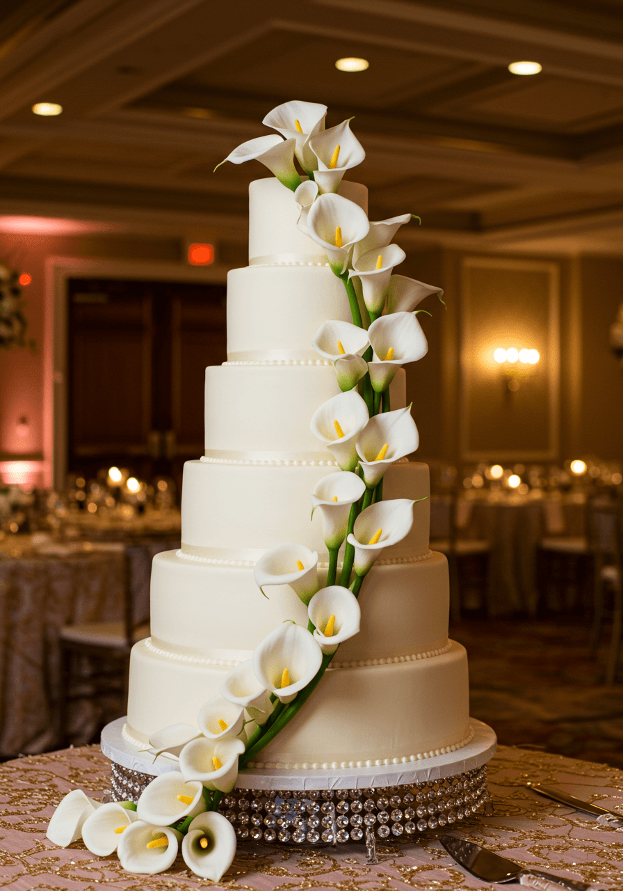Multi-tiered white wedding cake with cascading white calla lilies in waterfall design