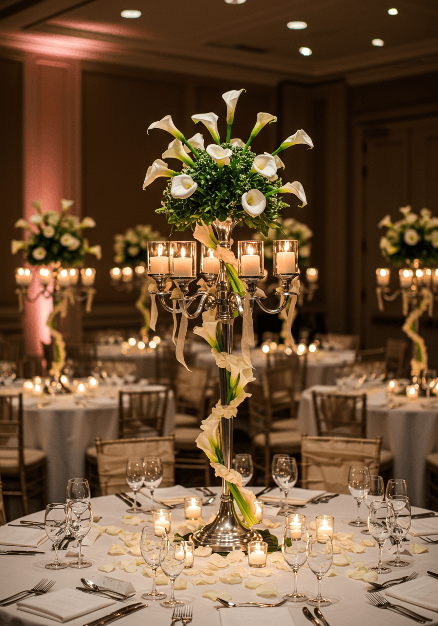 Ornate silver candelabra with white candles wrapped with fresh white calla lilies and ivory ribbon