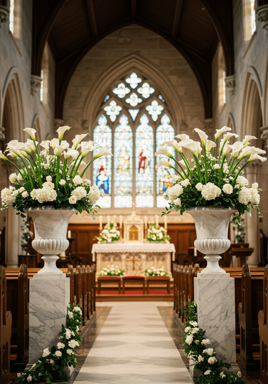 Two grand marble urns filled with tall white calla lilies on either side of church altar