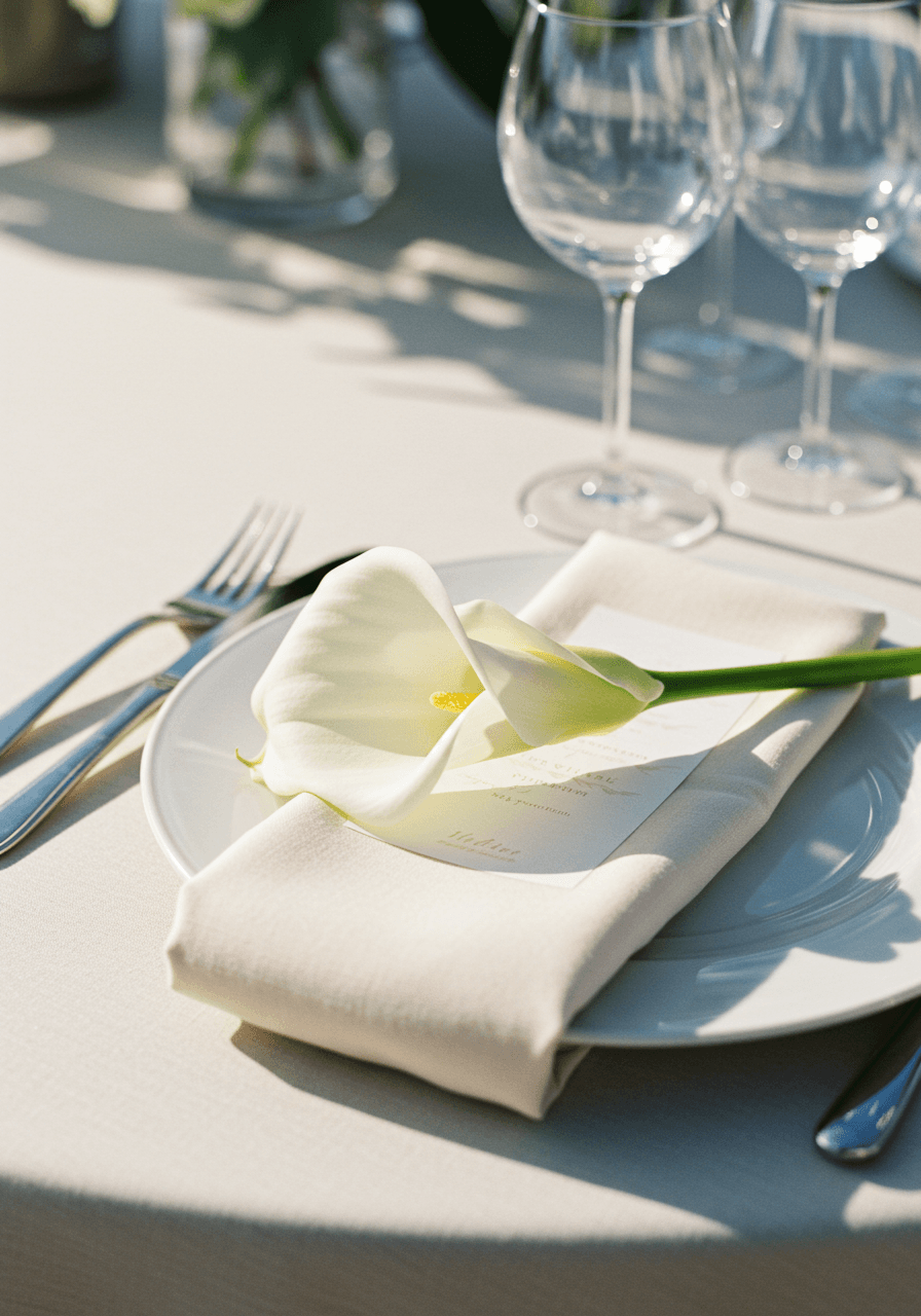Single white calla lily placed on ivory linen napkin beside elegant white porcelain dinnerware
