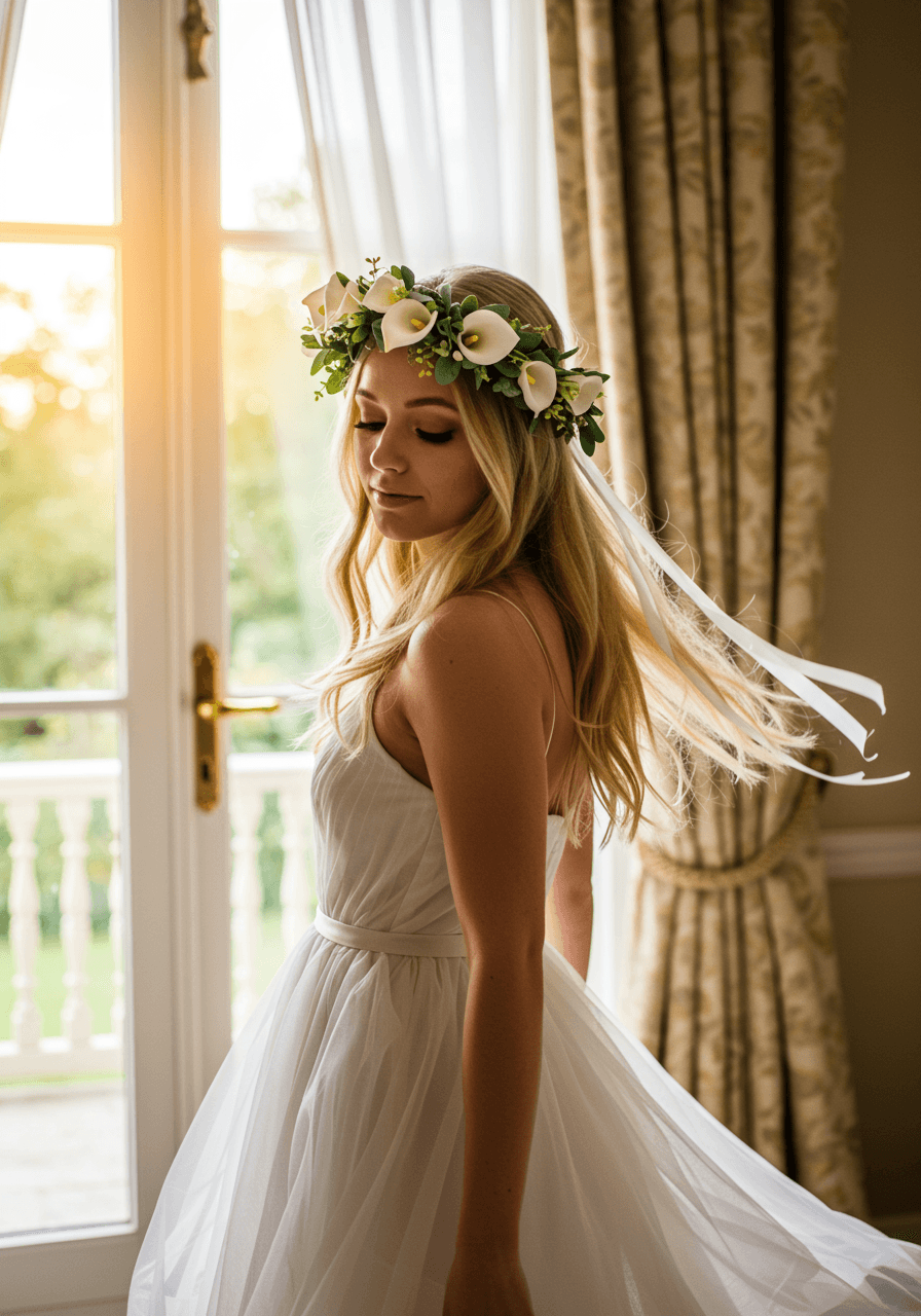 Young flower girl wearing delicate white calla lily flower crown in elegant bridal suite