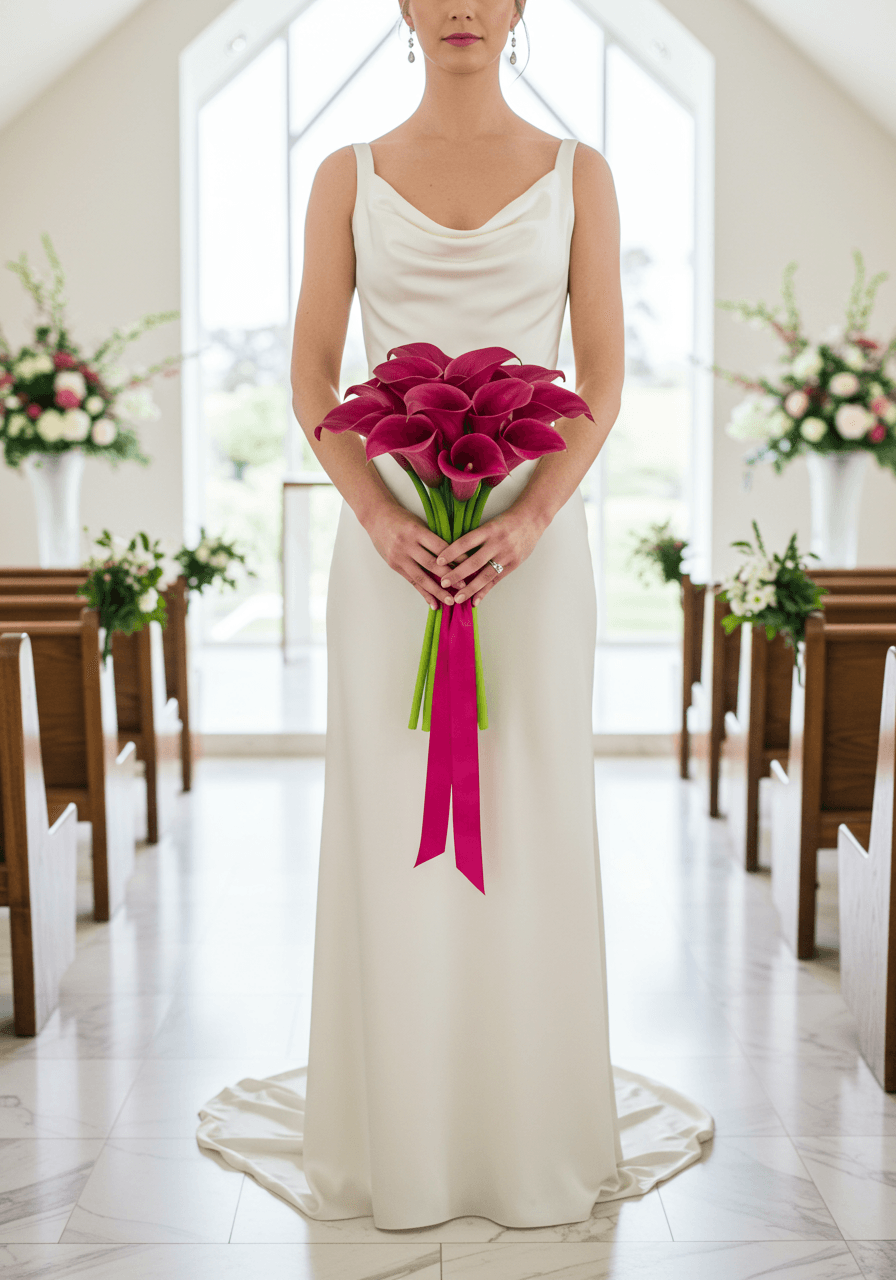 Bride holding vibrant fuchsia calla lily bouquet in modern minimalist chapel