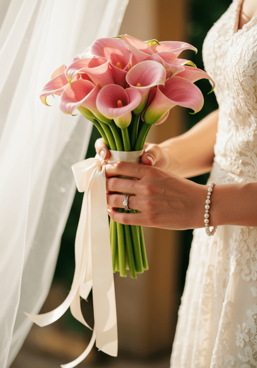 Bride's hands holding blush pink calla lily bouquet with flowing silk ribbon in garden pavilion
