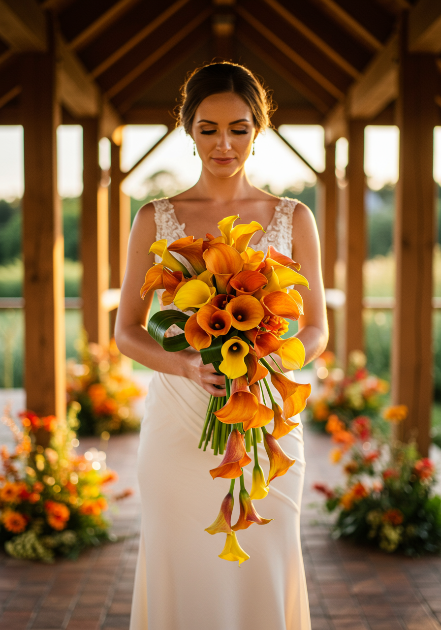 Bride holding vibrant orange and yellow calla lily bouquet in sunlit garden pavilion