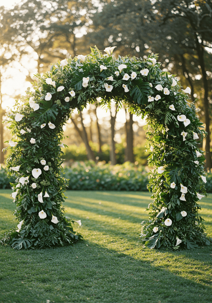 Grand wedding ceremony arch made of white calla lilies and greenery in outdoor garden