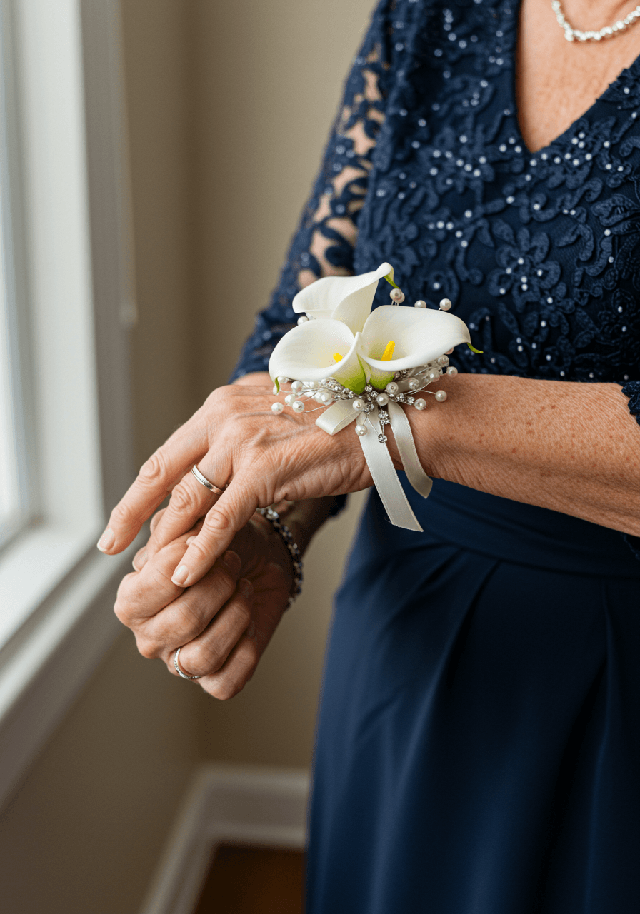 Grandmother wearing delicate white calla lily corsage with pearl accents in bridal suite