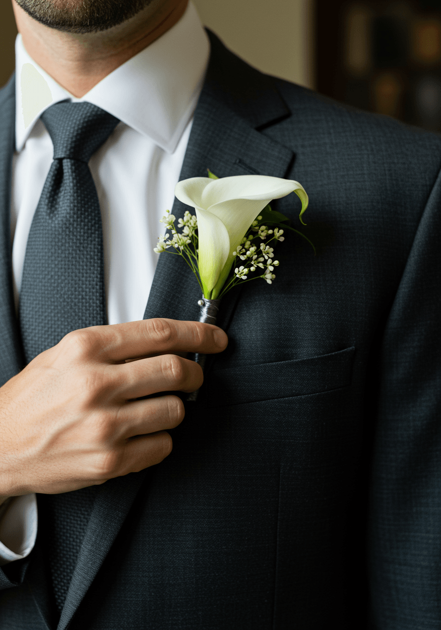 Groom adjusting white calla lily boutonniere on charcoal gray suit lapel