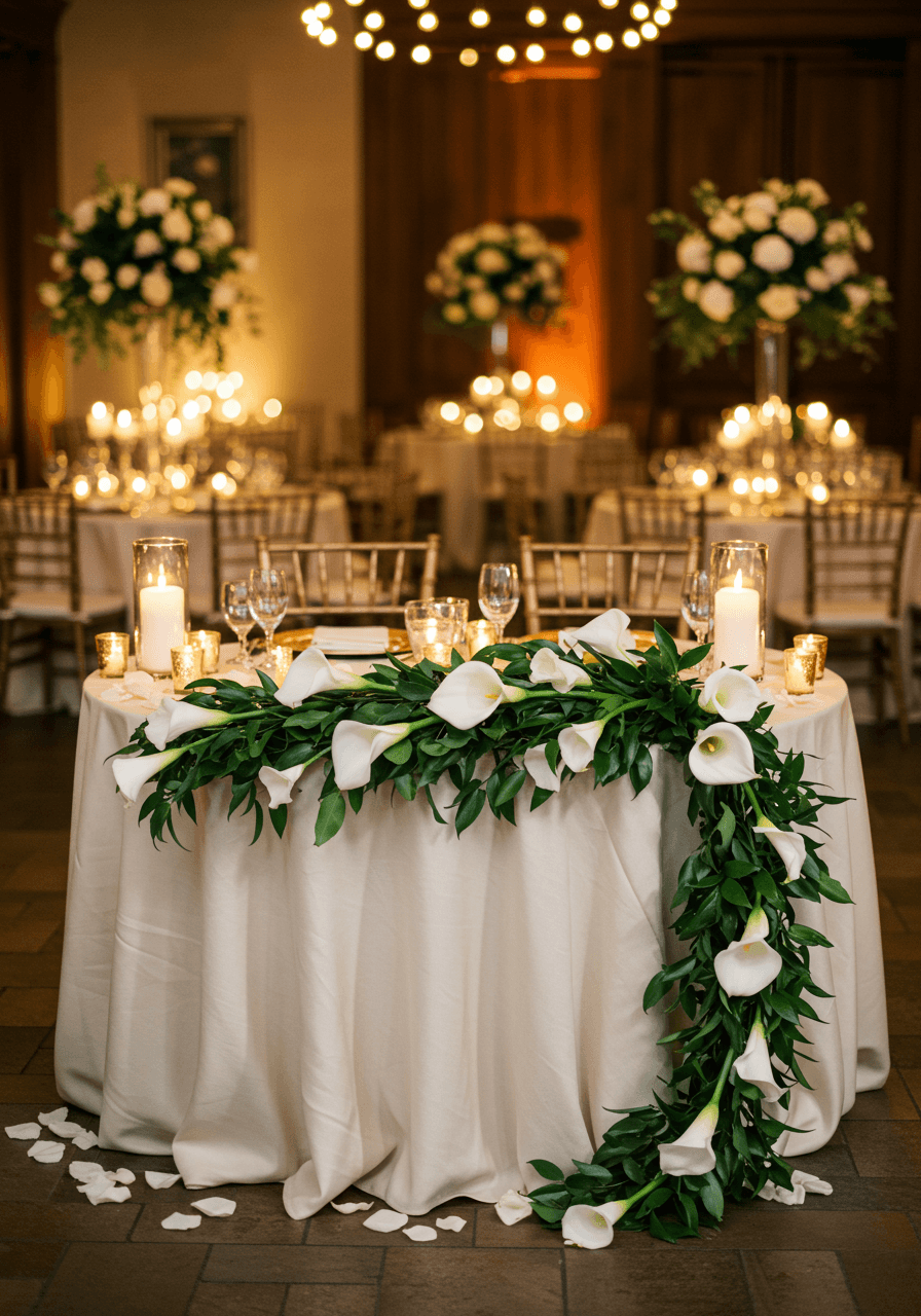Sweetheart table decorated with lush white calla lily garland swag in intimate reception venue