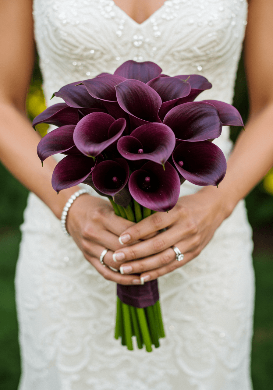 Deep purple calla lily bouquet with dark plum ribbon in elegant garden pavilion