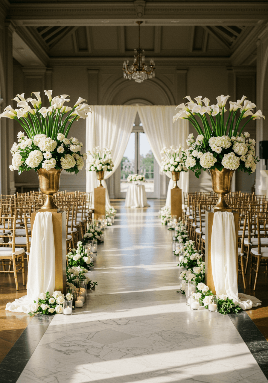 Two tall calla lily arrangements flanking wedding ceremony aisle entrance in elegant indoor venue