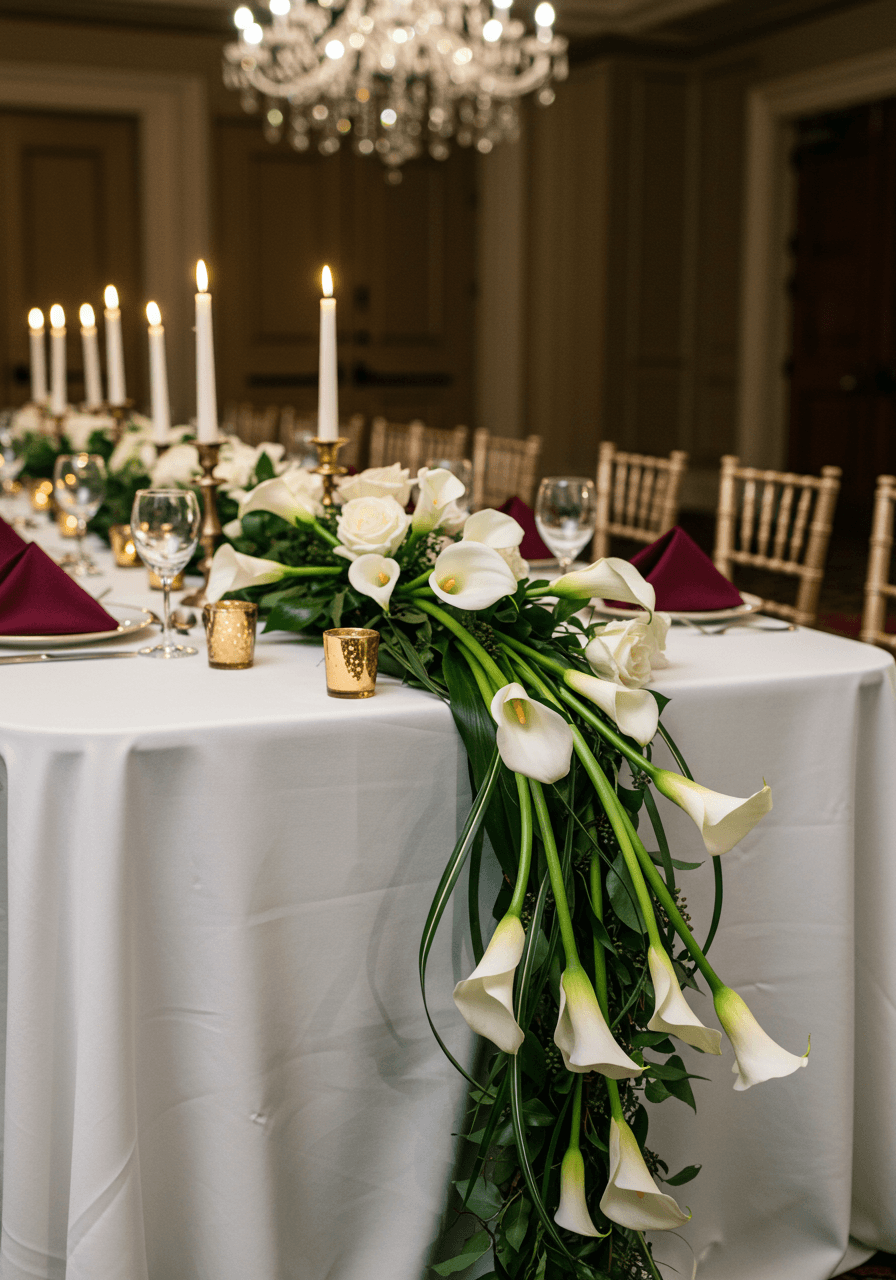 Luxurious head table with elaborate calla lily runner cascading down center in elegant ballroom