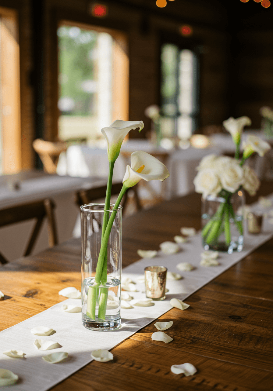 Minimalist clear glass bud vase with single white calla lily on rustic wooden guest table