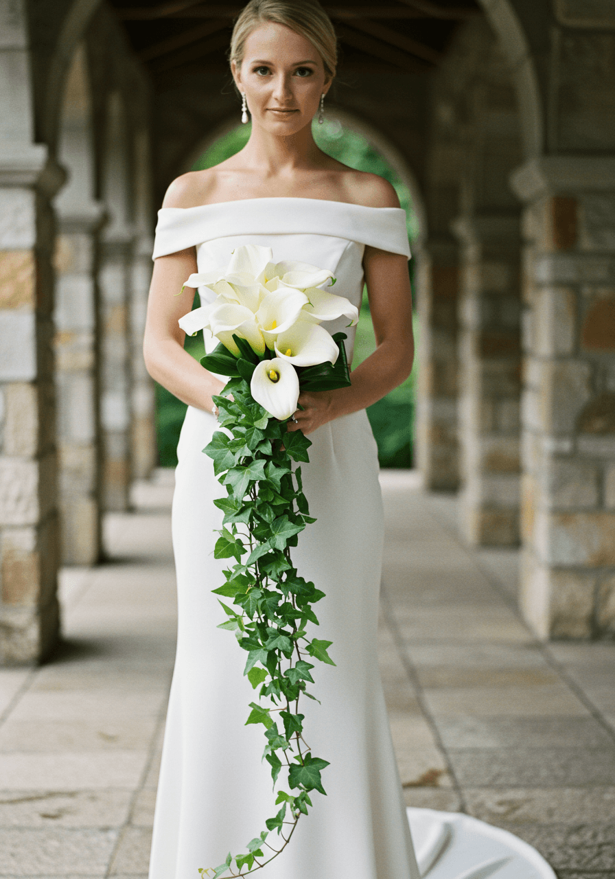 Bridal bouquet of white calla lilies with long trailing ivy in romantic garden with stone archways