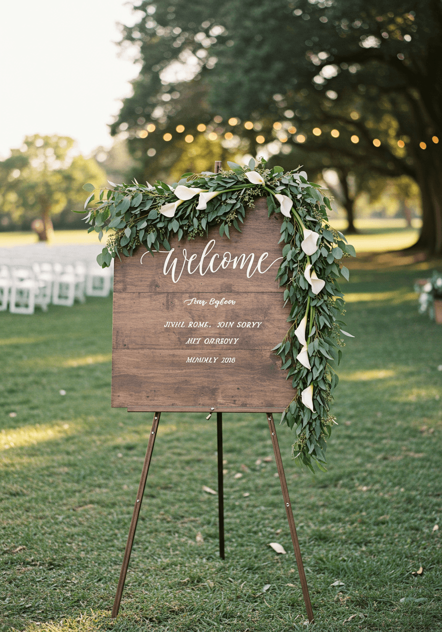 Rustic wooden welcome sign draped with white calla lily and eucalyptus garland