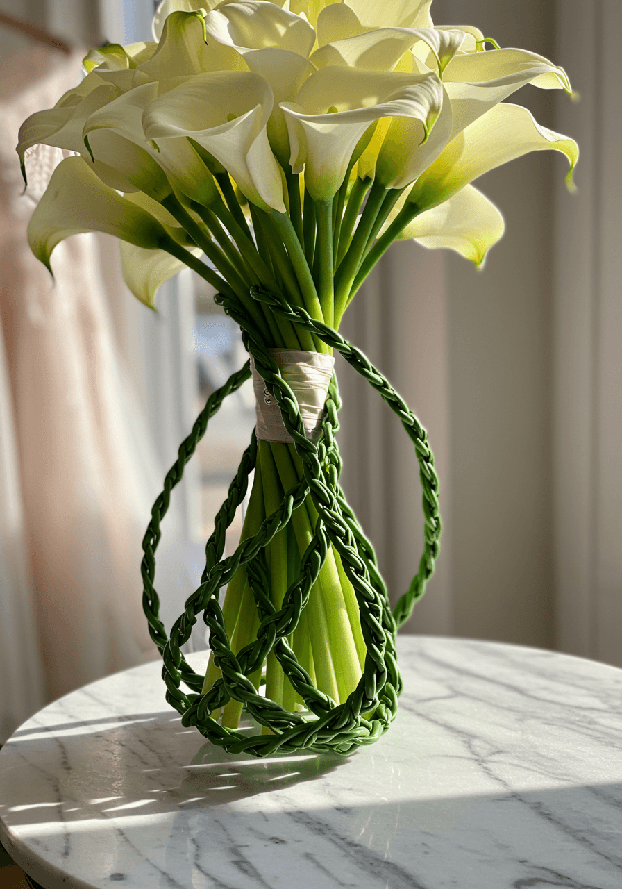 Sculptural calla lily bouquet with artistically braided stems on white marble pedestal