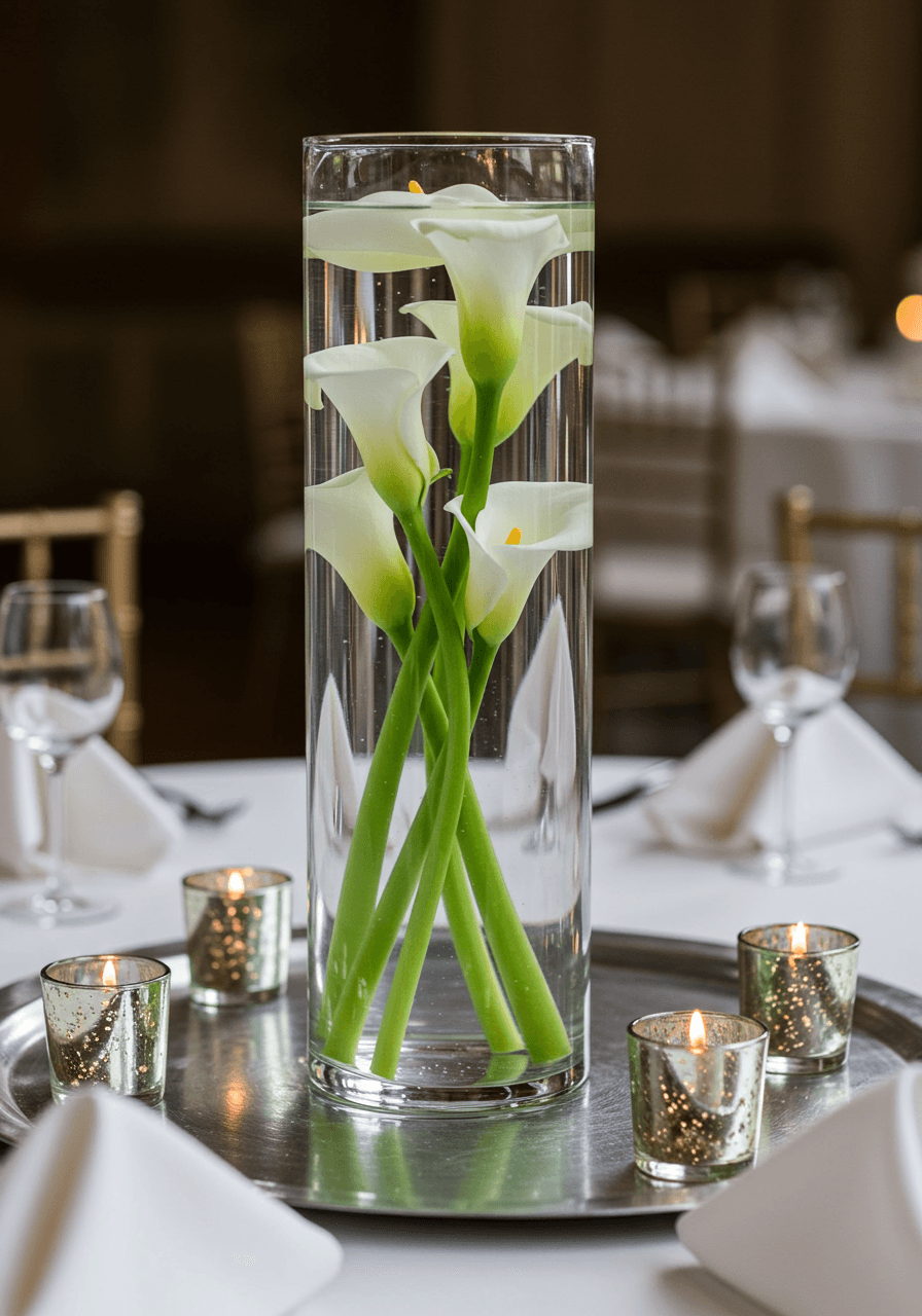 Clear glass vase with white calla lilies submerged in water as elegant wedding centerpiece