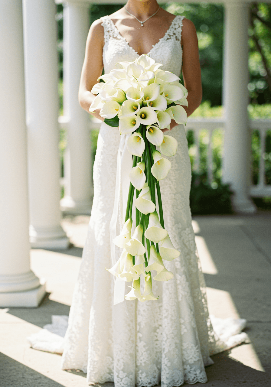 Bride holding white calla lily cascade bouquet in sunlit garden pavilion during golden hour