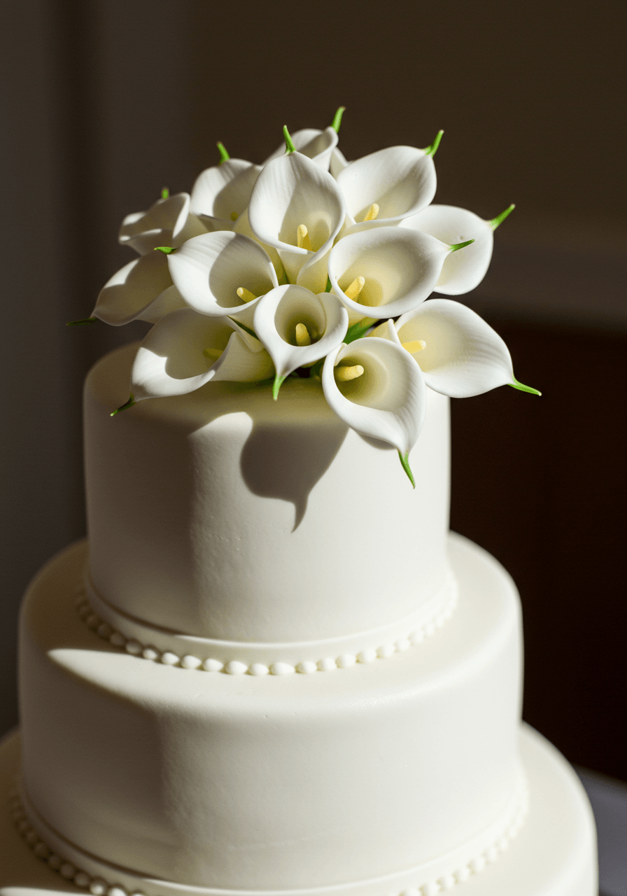Three-tiered white wedding cake topped with delicate cluster of miniature white calla lilies