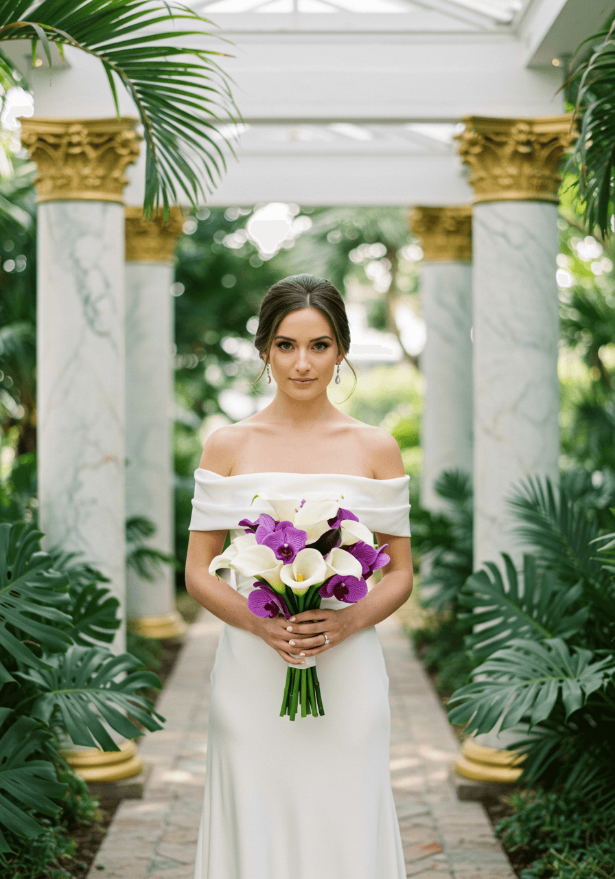 Bride holding sophisticated bouquet of white calla lilies and purple orchids in tropical garden