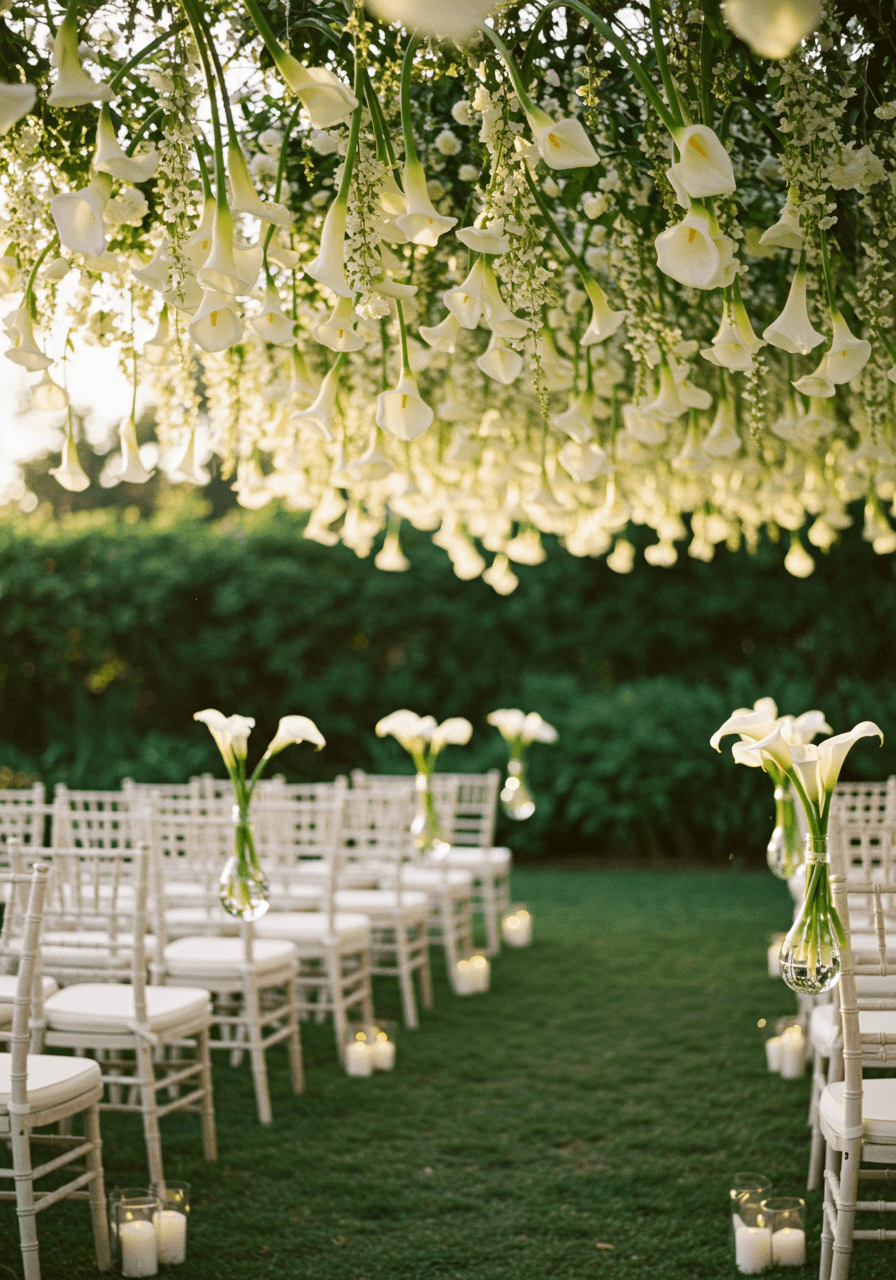 White calla lilies suspended overhead creating dramatic hanging installation in outdoor ceremony