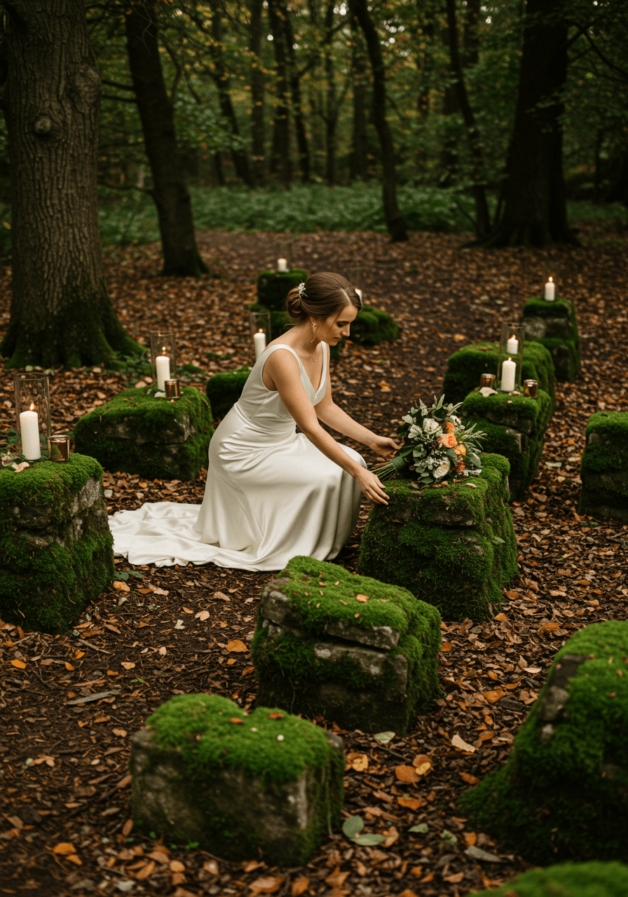 Intimate shot of bride touching moss-covered stones in golden hour forest wedding ceremony space