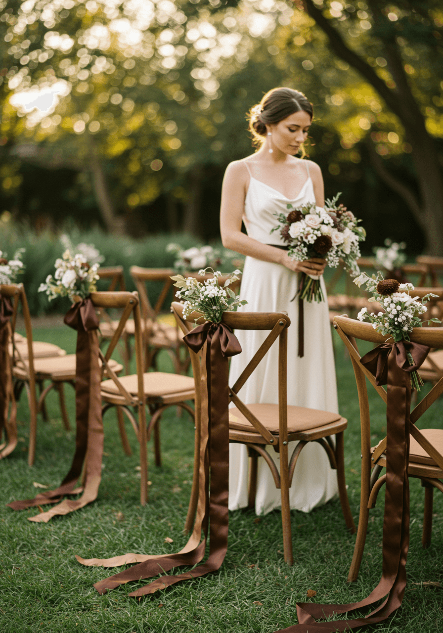 Bride in ivory silk gown with brown ribbon sash standing beside wooden chairs with silk ribbon bows
